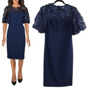 Carmen Marc Valvo Infusion Navy Blue Cocktail Dress Pencil Puff Sleeves 2